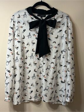 Eloquii White Print Blouse with Black Bow Detail